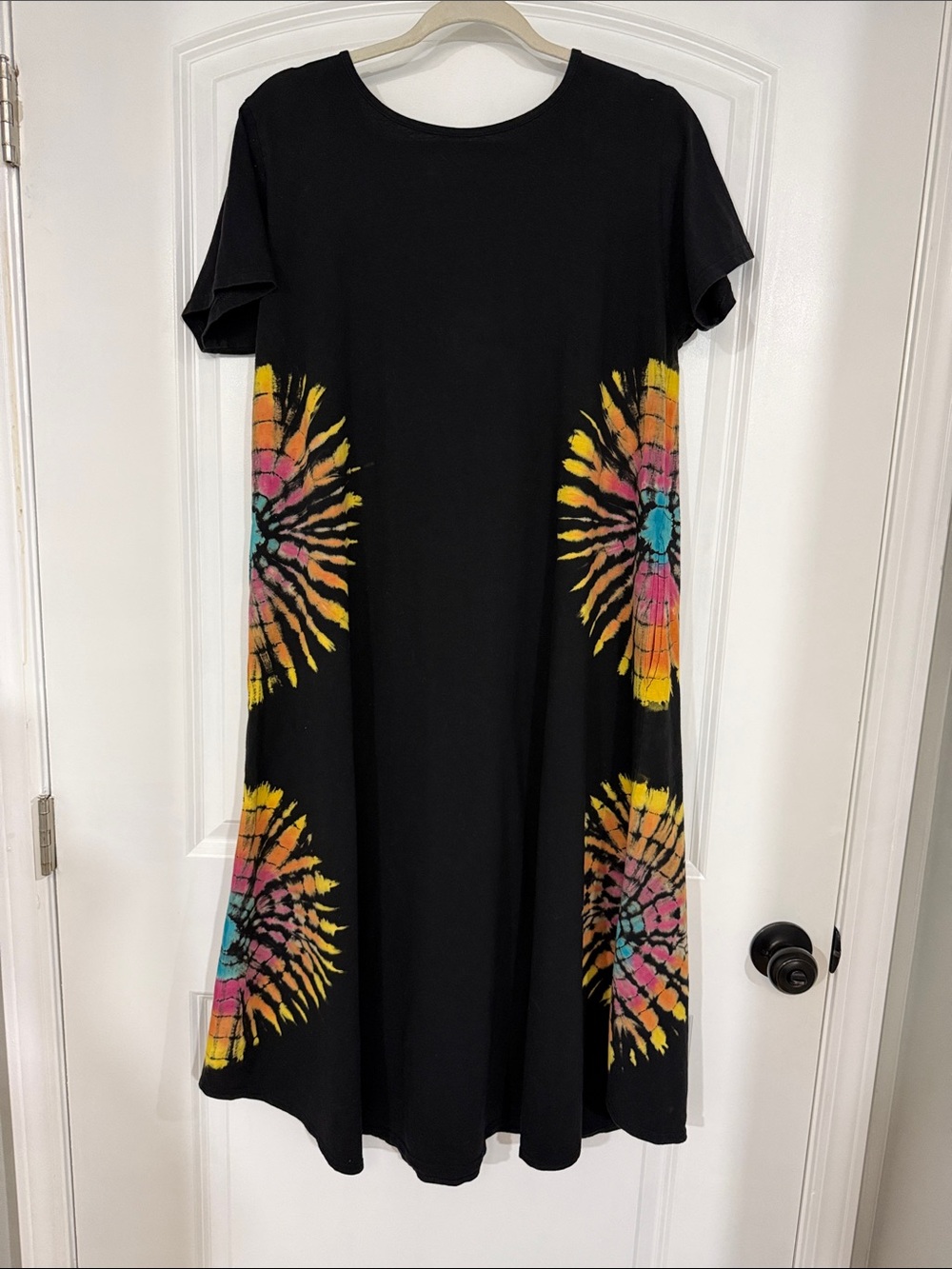 Hand Crafted Black Midi Dress with Multicolor Tie-Dye Accents - Picture 2 of 3